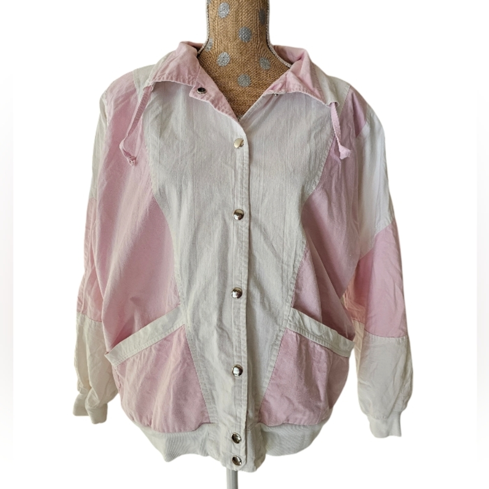 Currentseen Vintage 80s Cotton boxy crop snap parka large pink White